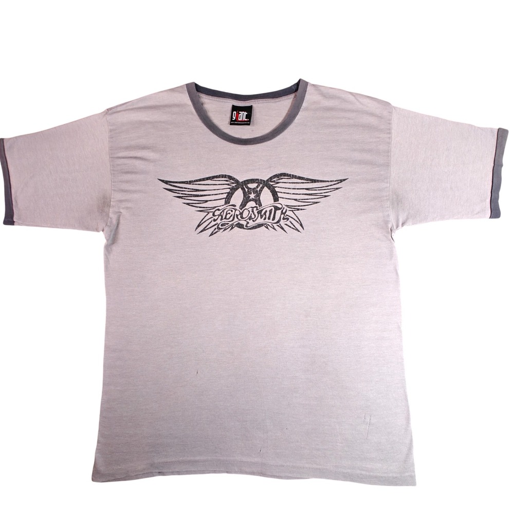 Vintage Aerosmith Ringer T-Shirt Giant Tag Gray Winged Logo Rock Band Tee L